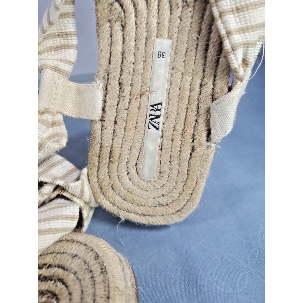 ZARA Striped Espadrille Sandals Women Size 7.5 Lace Up Ankle Tie Flat Jute Boho - Picture 6 of 14